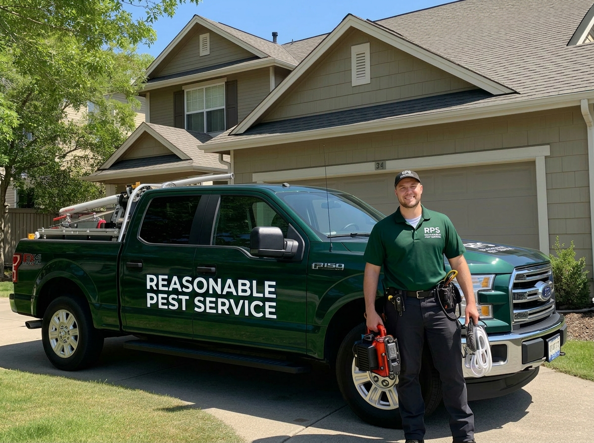 Reasonable Pest Service branded truck with technician