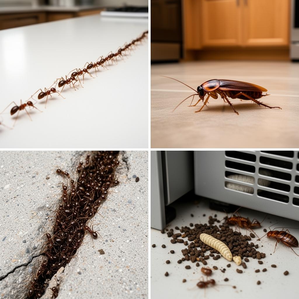 Ant trail and cockroaches in a kitchen near sink and countertops