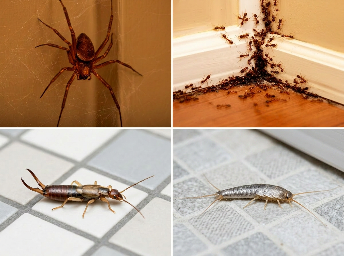 Common household pests including spiders, ants, silverfish, and earwigs in a home